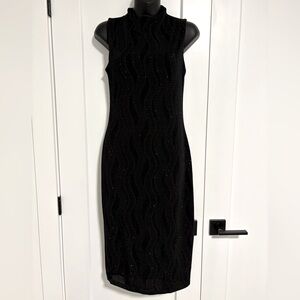 Mandee Fitted Little Black Dress Sparkly Mock Neck Midi Dress Women's Size Small